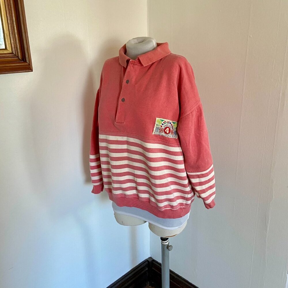 VTG 80 90 Union Bay Collar Preppy Button Sweatshirt Crewneck Sweater Pink Stripe
